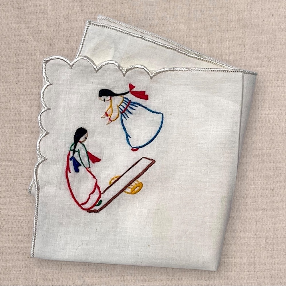 Embroidered White Cotton Handkerchief Scarf with Colorful Playful Motif